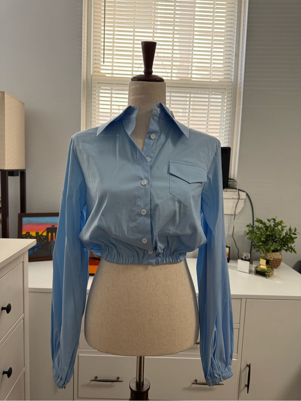 Anna Quan Soraya Blue Cropped Shirt NWT Elastic Waist Cotton Blend Top AU 6